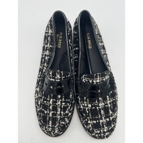 G.H. Bass Womens Weejuns Black & White Tweed Loafers With Patent Leather Accent - Picture 6 of 12